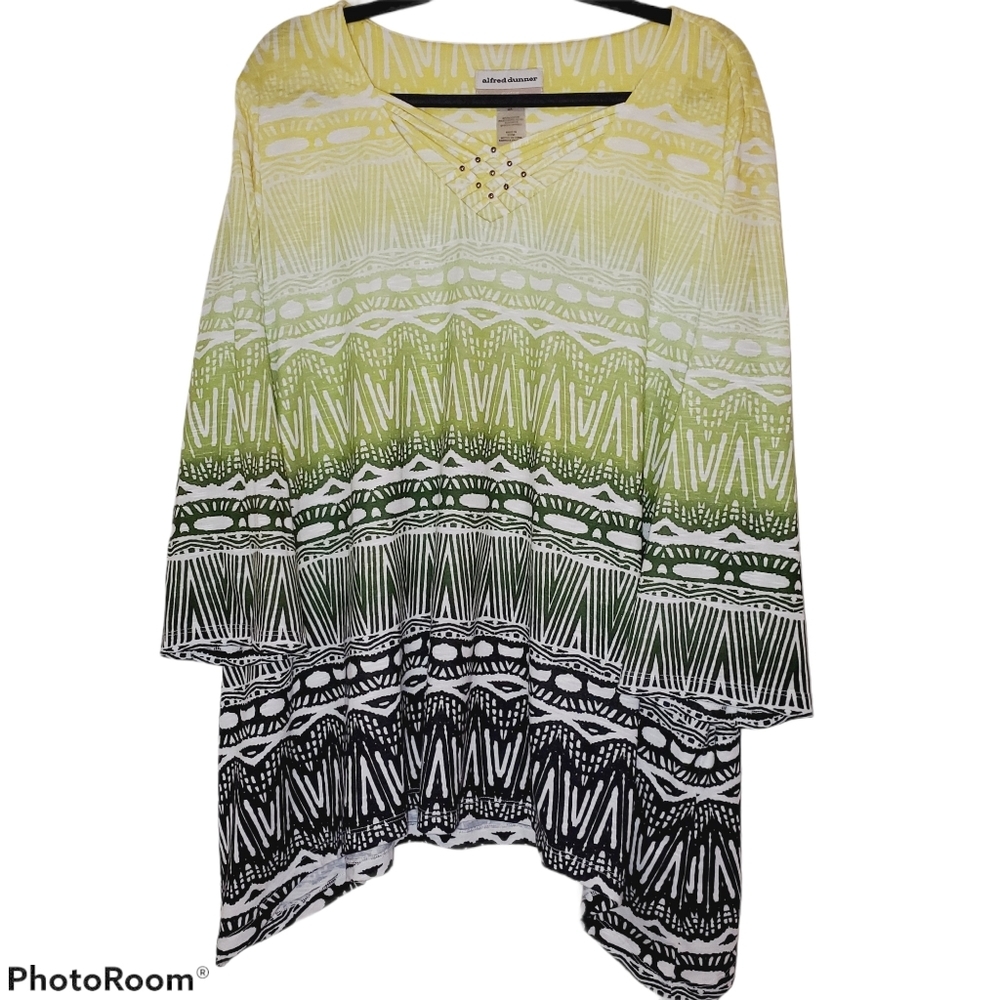 Alfred Dunner Plus Size 3/4 Sleeve Long Flowy Top Gree, Yellow, Black 215